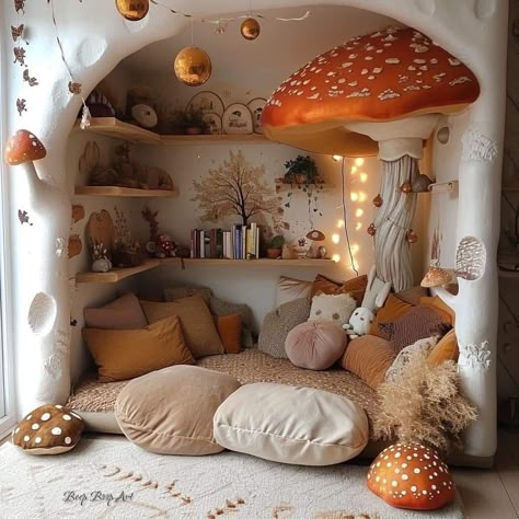 Mushroom Fairy Room Aesthetic, Mushroom Reading Nook, Cozy Bedroom Sitting Area, Cottagecore Interior Design Living Room, Fairy Core Living Room, Room Inspo Cozy Boho, Room Inspiration Cottagecore, Fairy Interior Design, Cottagecore House Ideas