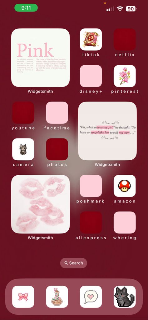 Pink And Red Phone Layout, Red And Pink Homescreen, Red Ios Homescreen, Pink Ios 16 Homescreen, Red Widgets Aesthetic, Theme Homescreen, Red Homescreen, Red Ios, Ios Background