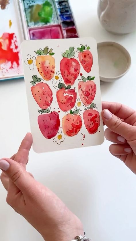 Easy and fun way to paint strawberries with watercolor 🍓🍓🍓🥰 Summer mood turned on! #watercolor #watercolortutorial #artprocess… | Instagram Watercolor Paintings Strawberry, Watercolor Wall Art Diy, Easy Watercolor Fruit, March Watercolor Ideas, Watercolor Art Ideas Creativity, Kid Watercolor Ideas, Small Watercolor Ideas, Summer Watercolor Ideas, Easy Art For Adults