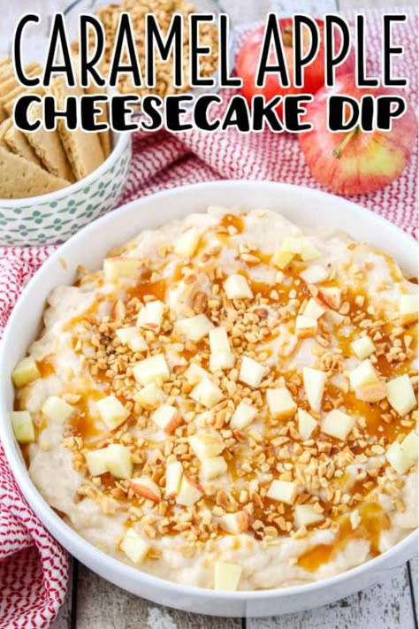 Get all the Fall feels with this 5-minute Caramel Apple Cheesecake Dip! Crazy easy to make and perfect for sharing! #BreadBoozeBacon #apple #caramelapple #cheesecakedip #nobakecheesecake #dip #dessert #appetizer Apple Slices Dip, Apple Pie Cheesecake Dip, Fall Tailgate Desserts, Easy Pot Luck Dishes For Work, Apple Dipping Bar, Cheesecake Apple Dip, Cheesecake Dips, Apple Cheesecake Dip, Christmas Dips