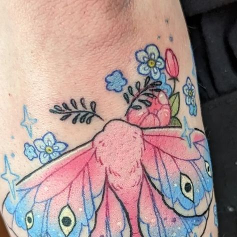 Pastel Moth Tattoo, Trans Butterfly Tattoo, Moth Tattoo Cute, Trans Flag Tattoo, Colored Moth Tattoo, Fluffy Moth Tattoo, Moth Color Tattoo, Pink Moth Tattoo, Pastel Flower Tattoo