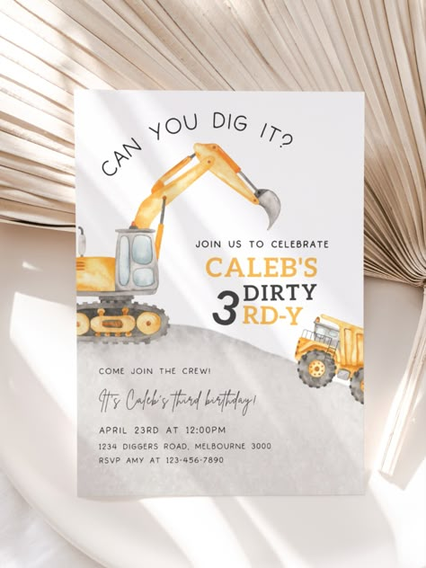 Digger Birthday, Construction Birthday Invitations, Construction Theme Birthday Party, Construction Trucks, Construction Birthday Parties, Construction Party, Construction Birthday, Third Birthday, 3rd Birthday Parties