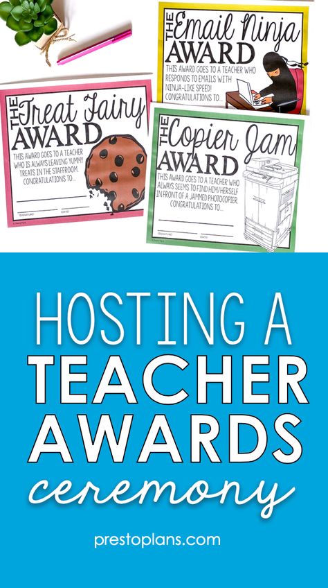 Employee Of The Year Ideas, End Of School Year Staff Party Ideas, Awards For Teachers Ideas, Inservice Ideas For Teachers, Teacher Job Fair Table Ideas, End Of Year Staff Awards, End Of The Year Awards For Teachers And Staff, Paper Plate Awards For Teachers, Fun Teacher Award Ideas