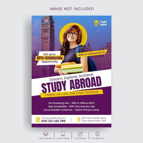 Study abroad flyer or university admissi... | Premium Psd #Freepik #psd #poster #higher-education #flyer-template #print-ready Admissions Poster University, Study Abroad Flyer Design, University Flyer Design, University Poster Design, University Flyer, University Poster, Education Flyer, Academic Poster, Uk College