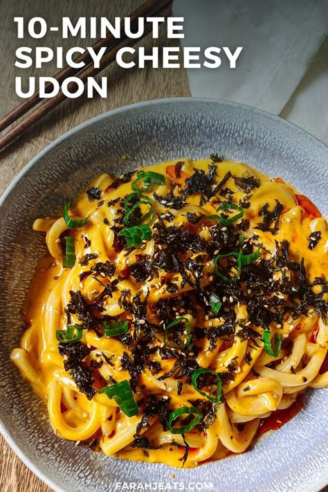 Cheesy Asian Noodles, Creamy Udon Recipe, Creamy Korean Noodles, Cheesy Spicy Noodles, Creamy Udon Noodle Recipe, Recipes For Udon Noodles, Dry Udon Noodle Recipe, Korean Udon Noodle Recipe, Korean Udon Noodles