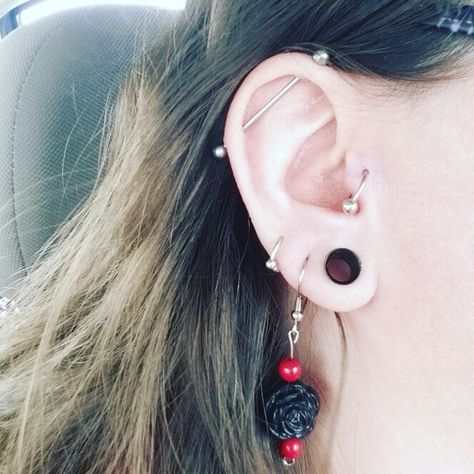 My latest piercing, the tragus, along with an industrial, 0g stretched lobe, and two additional lobe piercings. 0g Stretched Ears, Small Stretched Ears, Ear Piercing Combinations, Stretched Ear, Lobe Piercings, Tattoo Board, Piercing Inspo, Stretched Lobes, Second Piercing