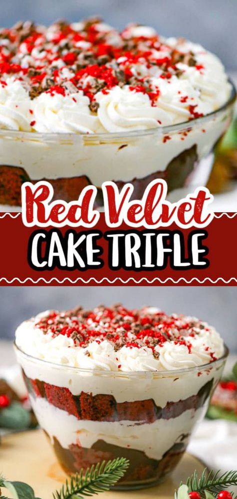 This recipe for our Red Velvet Cream Cheese Cake Trifle looks beautiful and tastes heavenly. As different layers of hot fudge, fluffy cream cheese, whipped cream, and chocolate pudding come together, this scrumptious red velvet cake dessert will be the centerpiece of your Christmas or Valentine's Day celebrations. Red Velvet Trifle Desserts, Mini Trifle Desserts, Red Velvet Trifle, Chocolate Fudge Topping, Trifle Recipes Easy, Cake Trifle, Hot Fudge Topping, Easy Red Velvet, Red Velvet Desserts