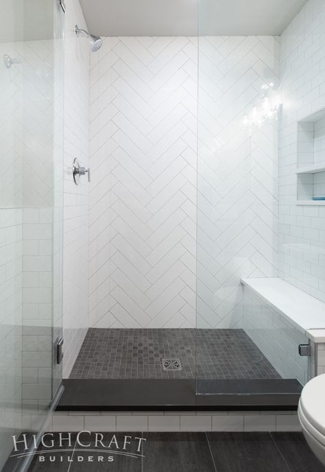 Bold and Beautiful Basement Finish | HighCraft Builders Herringbone Accent Wall, Makeover Kamar Mandi, Subway Tile Showers, Subway Tiles Bathroom, Remodel Basement, White Subway Tiles, Master Shower, Wash Stand, Bad Inspiration