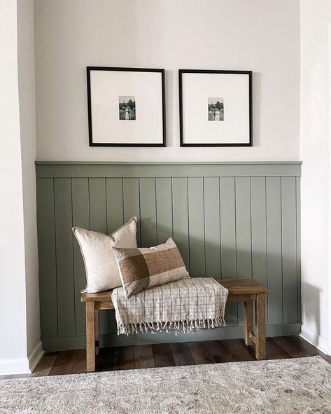 Beadboard Half Wall, Beadboard Accent Wall, Best Sherwin Williams Paint, Shiplap Entryway, Pantry Door Ideas, Accent Wall Entryway, Evergreen Fog, Sage Green Paint Color, Exterior House Paint Color