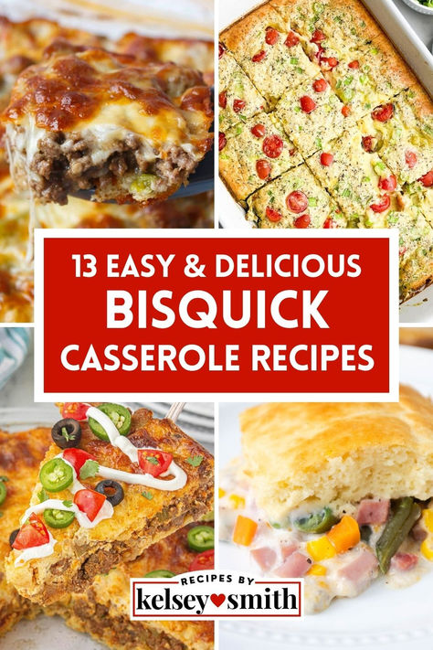 Four casseroles: philly cheesesteak casserole, chicken and tomato casserole, taco casserole, and ham and veggie casserole. Casseroles With Bisquick, Bisquick Pizza Casserole, Bisquick Ground Beef Recipes, Bisquick Recipes Dinner Chicken, Bisquick Casserole Recipes, Bisquick Taco Bake, Bisquick Dinner Recipes, Bisquick Casserole, Recipes With Bisquick