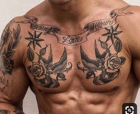 Chest Tattoo Animal, Chest Piece Tattoo, Traditional Chest Tattoo, Small Chest Tattoos, Torso Tattoos, Tattoos Inspiration, Swallow Tattoo, Tattoo Inspiration Men, Muster Tattoos