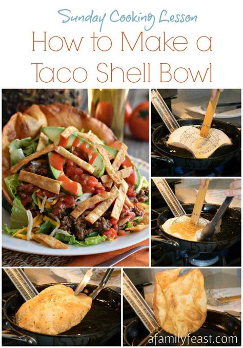 Sunday Cooking Lesson: How to Make a Taco Shell Bowl - A Family Feast Taco Shell Bowls, Taco Salad Shells, Sunday Cooking, Taco Salad Bowls, Taco Shell, Italian Tomato Sauce, Taco Bowl, Taco Salads, Shell Bowl