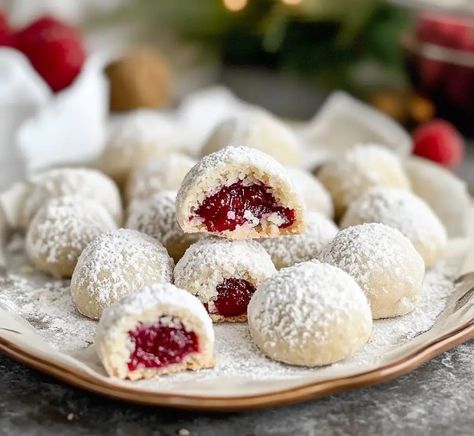 Raspberry Filled Almond Snowball Cookies | Homemade Recipes Almond Snowball Cookies, Raspberry Cookie, Snowball Cookie Recipe, Cookie Balls, Facebook Recipes, Raspberry Cookies, Cookie Table, Raspberry Almond, Snowball Cookies