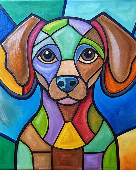 Stained Glass Dog pre drawn on a stretched canvas. Great for a summer activity. Paint kit includes canvas, paint, brushes and a disposable apron. Dogs Painting On Canvas, Dog Stained Glass Patterns, Dog Painting Ideas, Poodle Stained Glass Pattern, Abstract Shapes Painting, Abstract Dog Painting, Stain Glass Dog Paws, Stain Glass Patterns Of Dogs, Stained Glass Pet Portraits