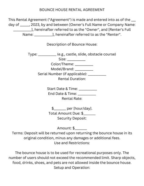 Ensure a smooth and safe rental experience with our Bounce House Rental Agreement. This comprehensive template covers terms from setup to safety, making it ideal for both individuals and businesses renting out inflatable bounce houses Bounce House Business Name Ideas, Black Bounce House With Balloons, Starting A Bounce House Business, Indoor Bounce House Business, Bounce House Rules Sign, House Rental Agreement, Party Rental Business Ideas, Bounce House Business, Inflatable Business