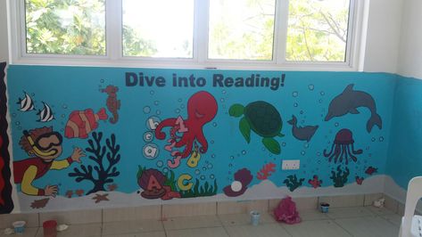 Underwater themed reading corner Underwater Reading Corner, Ocean Theme Reading Corner, Under The Sea Reading Corner, Ocean Reading Corner, Book Fair Decorations, Sea Classroom Theme, Under The Sea Classroom Theme, Fair Decorations, Ocean Reading