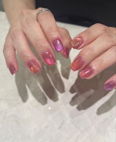 Pink Purple Yellow Nails, Multi Color Cat Eye Nails, Cateyes Nails Design Short, Tiger Eye Nails, Pink Core, Nails Trend, Velvet Nails, Home On A Budget, Hello Nails