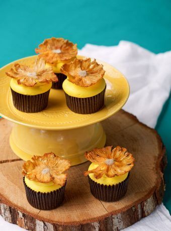 Dried Pineapple Flower Cupcake Toppers | The Bearfoot Baker Flower Cupcake Toppers, Sunflower Cupcakes, Pineapple Cookies, Flower Cupcake, Chicken Cake, Pineapple Flowers, Dried Pineapple, Cooking Hacks, Flower Cupcakes