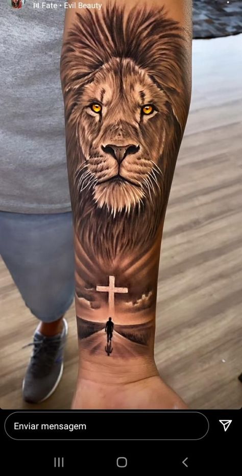 Men’s Lion Tattoo Arm, Lion Tattoo Design Male Forearm, God And Lion Tattoo, Best Christian Tattoos For Men, Christian Half Sleeve Tattoo Men, Christian Tattoo Sleeve Ideas For Men, Christian Lion Tattoos For Men, Lion Tattoo Sleeve Men, Lion Leg Tattoo Men