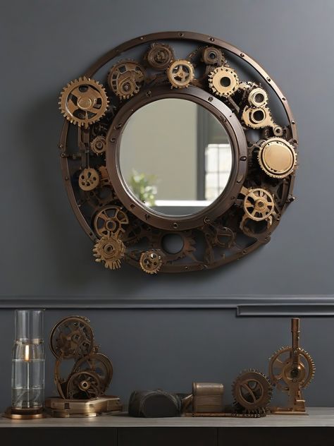 Steampunk House Interiors, Steampunk Decor Diy, Steampunk Mirror, Steampunk Home Decor, Steampunk Home, Steampunk Furniture, Steampunk House, Vintage Industrial Style, Steampunk Decor