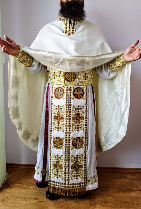 White satin high quality priest Vestment, embroidered with metallic, gold and silk threads, after order we can make any colour and size. Greek style Liturgical vestment Priest Outfit Design, Biblical Clothing, Catholic Vestments, Priest Outfit, Priest Vestments, Priest Robes, Priest Costume, Biblical Costumes, Orthodox Priest