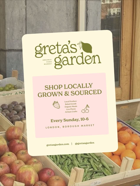 So happy to be finally sharing this arty market design ☺️ this super fun poster for our very own gretas garden🍋 a picturesque food market that is absolutely adorable, where do we sign up?! Farmers Market Website, Poster Branding Design, Farmers Market Graphic Design, Farmers Market Branding, Food Poster Design Graphics, Spring Marketing Ideas, Farmers Market Packaging, Market Poster Design, Cute Packaging Design