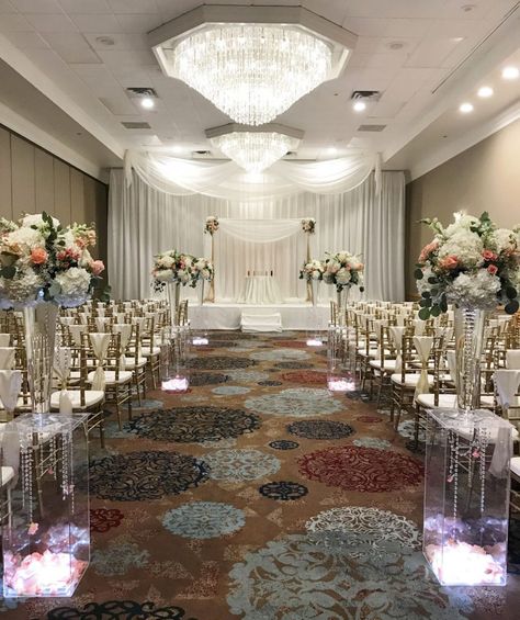 Hotel Ceremony Wedding, Hotel Wedding Ceremony Indoor, Hotel Wedding Reception Decorations, Hotel Wedding Ceremony Decorations, Ballroom Ceremony, Creepy Wedding, Chandeliers Wedding, Hotel Conference Rooms, Hotel Wedding Ceremony