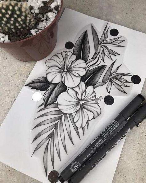 Tropisches Tattoo, Tropical Flower Tattoos, Cool Tattoo Ideas, Tato Maori, Hawaiian Flower Tattoos, Tropical Tattoo, Hibiscus Tattoo, Cool Tattoo, Muster Tattoos