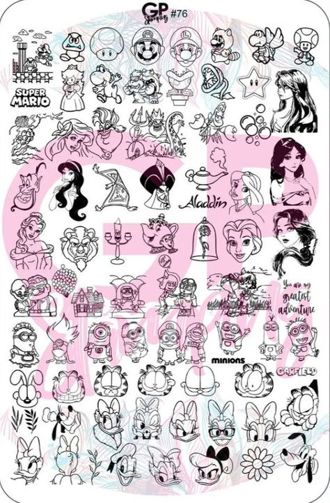 Aladdin Tattoo, Minion Tattoo, Printable Nail Art Practice Sheet, Printable Nail Art, Disney Sleeve Tattoos, Disney Sleeve, Disney Princess Tattoo, Tattoo Outline Drawing, Cartoon Character Tattoos