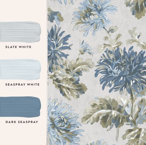 Laura Ashley Paint, Blue Floral Wallpaper, Cottage Bungalow, Southern Cottage, Cottages And Bungalows, Blue Curtains, Floral Shower Curtains, Woven Wallpaper, The Grove