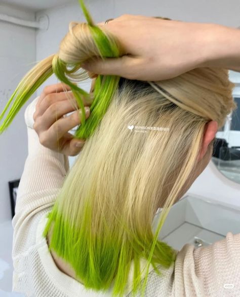 Blond With Green Highlights, Blonde And Neon Green Hair, Blonde With Green Hair, Blonde Hair Green Tips, Green Highlights Blonde Hair, Blonde Hair With Green Tips, Blonde With Green Highlights, Blonde Hair With Green Highlights, Blonde And Green Hair