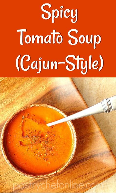 Spicy tomato soup recipe using the flavors of Cajun Cooking to spice things up. An easy soup recipe to add to your weekly rotation--perfect for a hot lunch on the go. Just pour some in your Thermos. Don't miss the grilled cheese and bacon croutons, either! Spicy Tomato Soup Recipe, Spicy Tomato Soup, Spicy Soup Recipes, Jambalaya Pasta, Easy Soup Recipe, Lunch On The Go, Tomato Soup Recipe, Creamy Garlic Sauce, Hot Lunch