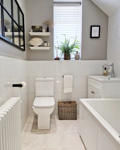 Neutral Ensuite Ideas, Small Toilet Room White Tiles, Small Bathroom Uk Ideas, Bathroom Uk Ideas, New Build Bathroom Ideas Uk, Neutral Family Bathroom, Bathroom Ideas With White Tile, Compact Bathroom Layout, All White Bathrooms