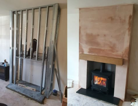 Chimney Breast Ideas, False Chimney Breast, Wood Stove Chimney, Wood Burner Fireplace, Log Burner Living Room, Stove Installation, False Wall, Slate Hearth, Freestanding Stove