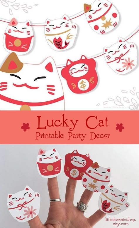 Printable Chinese New Year Decorations, Lucky Cat Birthday Party, Lunar New Year Printable, Chinese New Year Party Ideas, Chinese Party Ideas, Japanese New Year Decoration, Lunar New Year Decorations, Japanese Decorations Party, Chinese Birthday Party Ideas