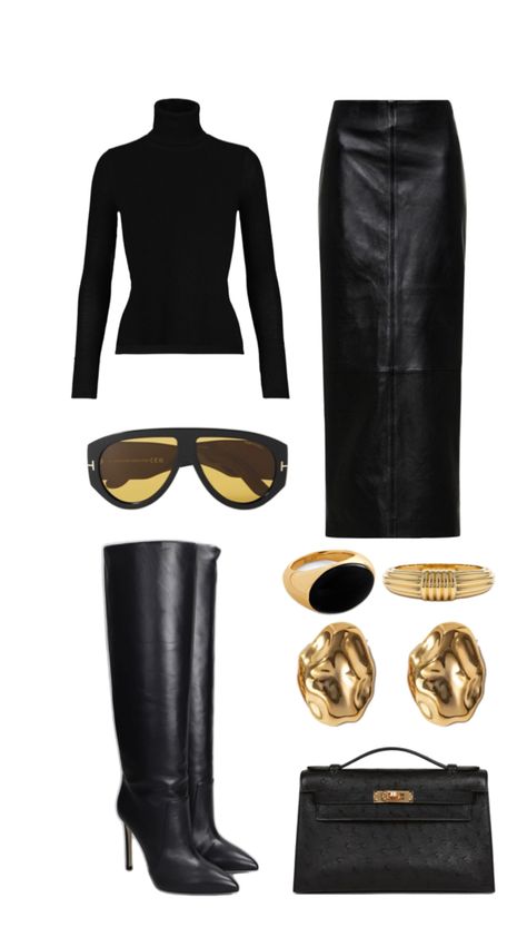 Leather skirt outfit ideas, leather boots, Tom Ford sunglasses, chunky jewelry aesthetic Tom Ford Book Aesthetic, Go Out Outfit Night Winter, Fall Outfits Women Going Out, Black Leather Pants Outfit Ideas, Burberry Winter Outfits, Winter Birthday Outfits For Women, Christmas In The City Outfit, Outfits With Chunky Heels, New York Outfit Aesthetic