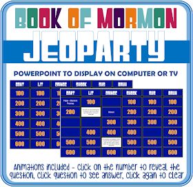 Primary Activity Ideas: Book Of Mormon "Jeoparty" - Book of Mormon Activity for Kids AND Youth Test your Book of Mormon knowledge! Book Of Mormon Activities For Youth, Book Of Mormon Jeopardy, Book Of Mormon Games For Youth, Book Of Mormon Games, Primary Activity Ideas, Primary Activity Days, Jeopardy Questions, Primary Activity, Youth Games