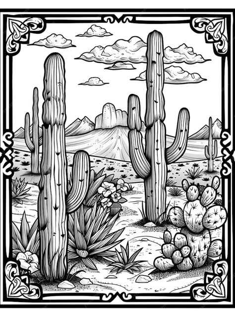 Cactus Desert Drawing, Saguaro Cactus Drawing, Desert Scene Tattoo, Saguaro Tattoo, Desert Tattoo Ideas, Western Sketches, Theme Tattoos, Desert Drawing, Desert Tattoo