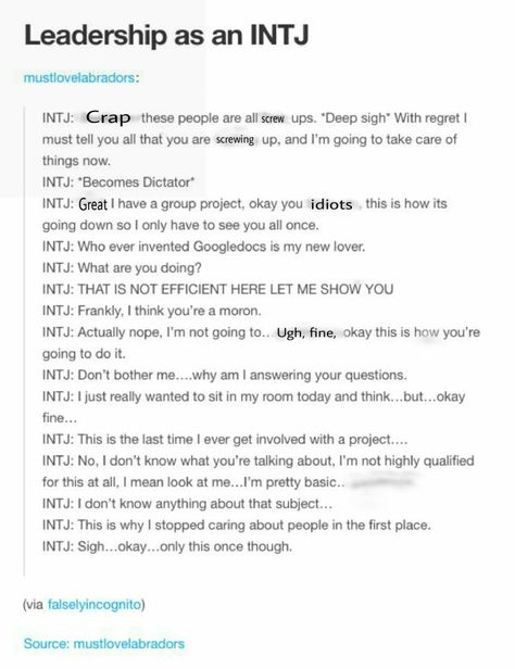 Leading is tedious work. It's tiresome to gather all the people in you team and make them function according to your plan and aiding them not to make a mess of things and helping them do things they don't know to and making sure everyone contributes equally... the list just keeps going on and on. It would be a certain pleasure if we could program them to function the way we want them to. Intj Stereotypes, Info And Intj, Intj Stare, Intj Memes Funny, Leading People, Intj Humor, Intj Memes Truths, Intj Women, Intj T