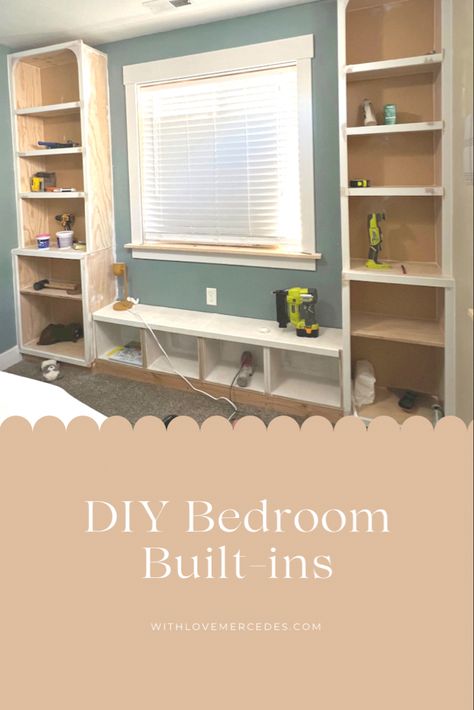 Built In Window Shelves, Bedroom Built In Around Window, Built In Toy Storage Bedroom, Diy Bedroom Built Ins Around Window, Diy Built In Bookcase With Bench, Built In Bench Bookshelves, Built In Storage Wall Around Window, Diy Built Ins Bedroom, Bedroom Window Built Ins