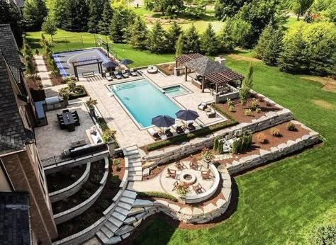 Big Backyard With Pool And Playground, Big Backyard Patio Designs With Pool, Backyard Ideas Basketball Court, Pool With Basketball Court, Backyards With Basketball Courts, Home Outside Basketball Court, Big Family Backyard, Backyard With Pool And Pickleball Court, Pool Designs For Large Backyards