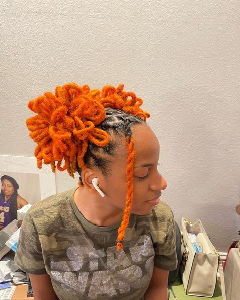 2 Ponytails With Locs, Loc Pedal Hairstyles, Loc Pedal Styles, Ponytail Locs, Orange Locs, Marley Locs, Dread Heads, Locs Styles, Loc Hairstyles