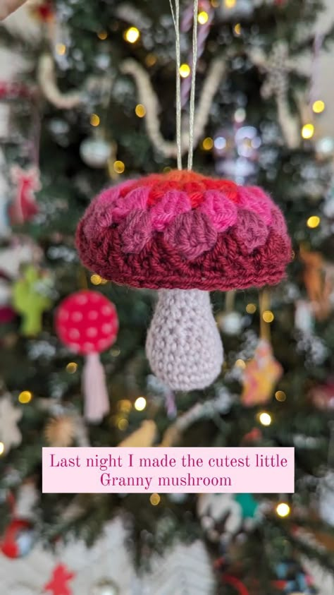 Last night I made the cutest Granny mushroom using a pattern by @crochetroad 💖🍄 I've hung it on my tree and now I want to make a million… | Instagram Granny Mushroom Crochet, Crochet New Year Ideas, Granny Square Mushroom Crochet Pattern, Mushroom Granny Square Pattern, Granny Square Mushroom, Crochet Mushroom Granny Square, Mushroom Crochet Pattern Free, Crochet Mushroom Pattern Free, Mushroom Granny Square