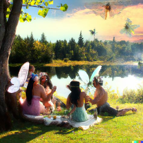 a fairy core image of friends at a picnic in a grassy field on the water Fairy Core Picnic, Fantasy Picnic, Grassy Field, A Picnic, Fairy Core, A Rainbow, Wyoming, Rainbow, Water