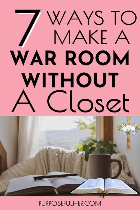 How To Make A War Room Without A Closet Purposeful Her Pinterest Pin Closet Prayer Room Ideas, Prayer Corner Ideas Bedrooms Christian, Closet Alternatives, Diy Prayer Board, Prayer Room Ideas, Prayer Strategies, Small Closet Space, Prayer Closet, Prayer Station