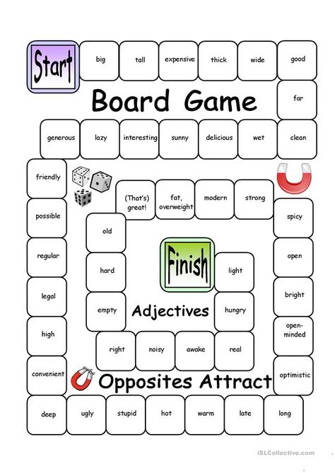 Board Game - Opposites Attract (Adjectives) Esl Board Games, Enhance Vocabulary, Adjective Worksheet, Esl Games, Printable Board Games, English Games, Fun Board Games, English Activities, Opposites Attract