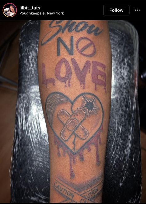 Arm Fill In Tattoos, No Love Tattoo Designs, Heartless Tattoo Men, Love Tattoo Men, No Love Tattoo Men, Show No Love Tattoo, Hard Times Tattoo, Love Tattoos For Men, Show No Love