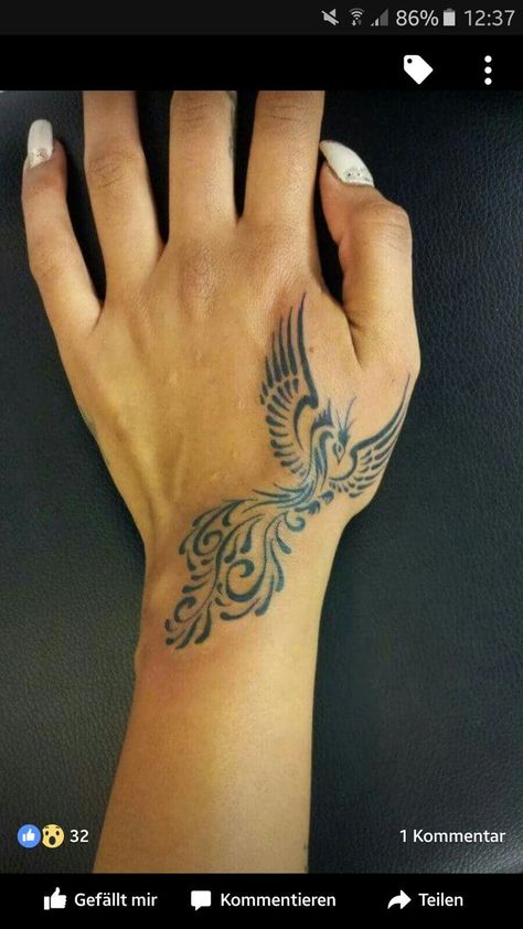 Phoenix Hand Tattoo, Phoenix Tattoo Feminine, Small Phoenix Tattoos, Hand Tattoos For Girls, Hand And Finger Tattoos, Pretty Hand Tattoos, Phoenix Tattoo Design, Tasteful Tattoos, Hand Tattoos For Women