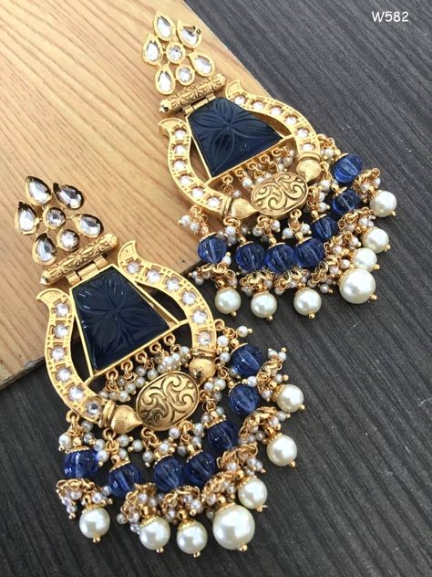 Blue Earrings Indian, Blue Jhumka, Desi Jewellery, Vintage Indian Jewelry, Dark Blue Earrings, Navy Blue Earrings, Wedding Flower Jewelry, Engagement Hairstyles, Indian Jewelry Earrings