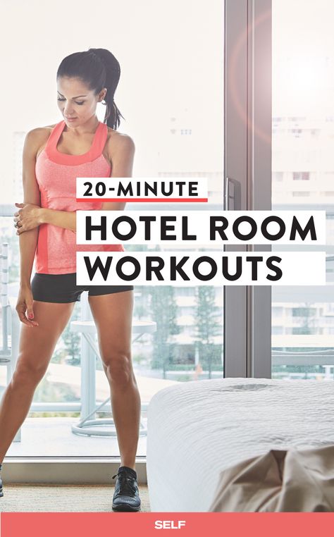 Whether you're packing up for business or pleasure, travel has a tendency to throw off the fitness routines of even the most dedicated gym-goers. If you want to squeeze in a workout while on the road, these routines are designed to done in small spaces and with minimal equipment. Even better? You'll be done in 20 minutes or less. Workout In Small Space, Small Space Exercise, Hotel Room Workout, Room Workout, Travel Workouts, Hotel Workout, Indoor Workout, Travel Hotel, Fitness Design